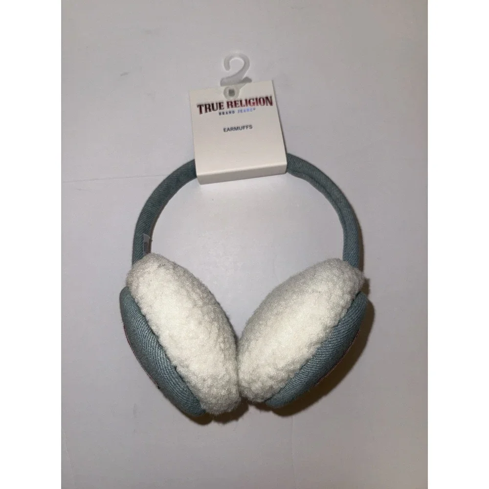 True Religion Earmuffs Denim Blue Faux Fur Warm Winter One Size Snow Gift NWT